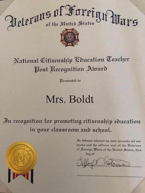 Award Certificate for Mrs. Boldt