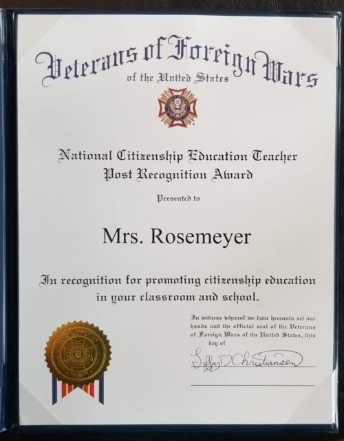 Award Certificate - Mrs. Rosemeyer