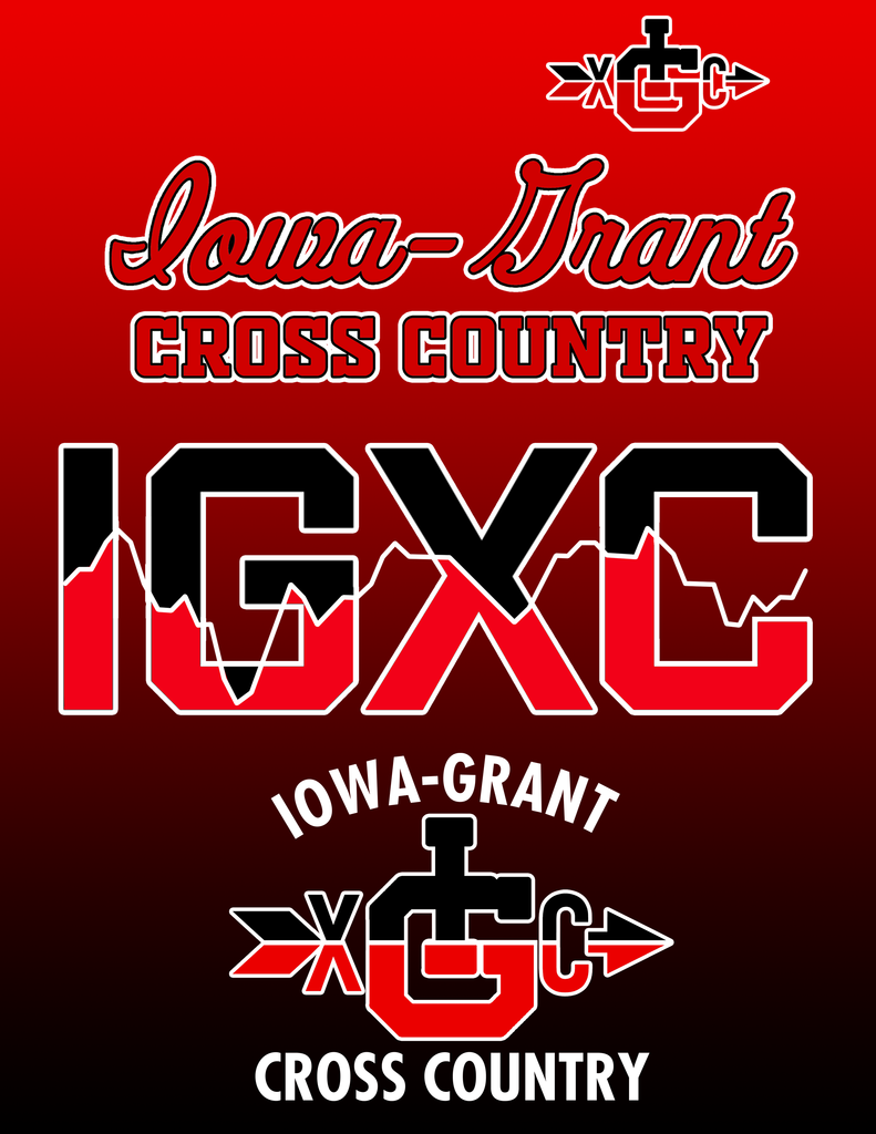 Three different designs displayed: the top is Iowa-Grant in script, with Cross Country in a strong serif typeface with the IGXC team logo in the top right.  The second a bold IGXC that shows the elevation profile of the Iowa-Grant course in white that divides Black and red, the final is the embroidered design which reads Iowa-Grant on top, the IGXC logo in the middle, and Cross Country on the bottom.