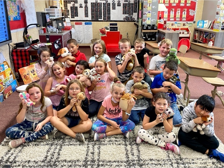 2nd grade class holding their pet stuffed animals.