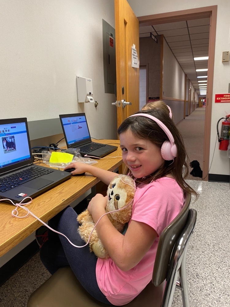 Student learning at the computer with her pet stuffed animal.